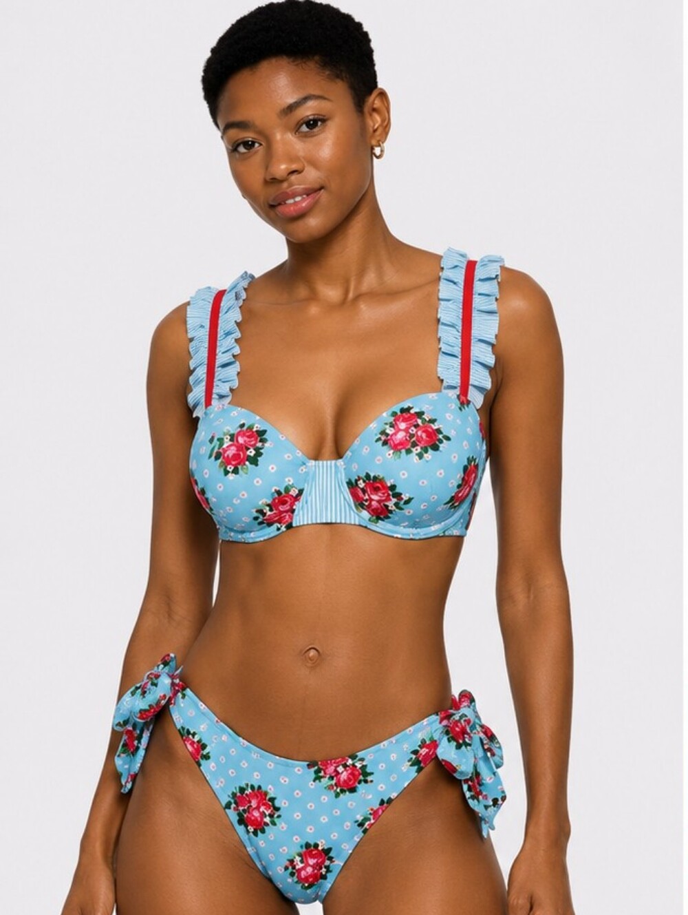 ROSES & STRIPES Blue White Stripe Red Roses Ruffle Side-Tie Bikini - SIZE LARGE